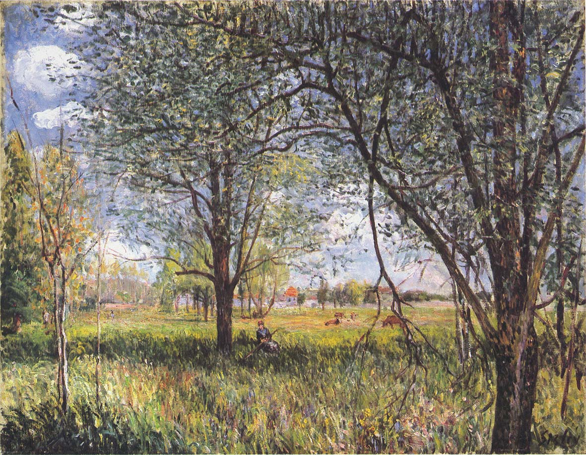 Willows in a field afternoon - Alfred Sisley Tablo