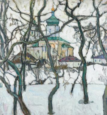 Winter Scene with Church (1911) - Abraham Manievich Tablo