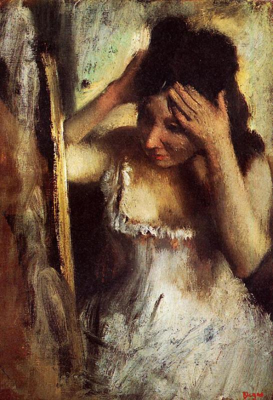 Woman Combing Her Hair in front of a Mirror (1877) - Edgar Degas Tablo