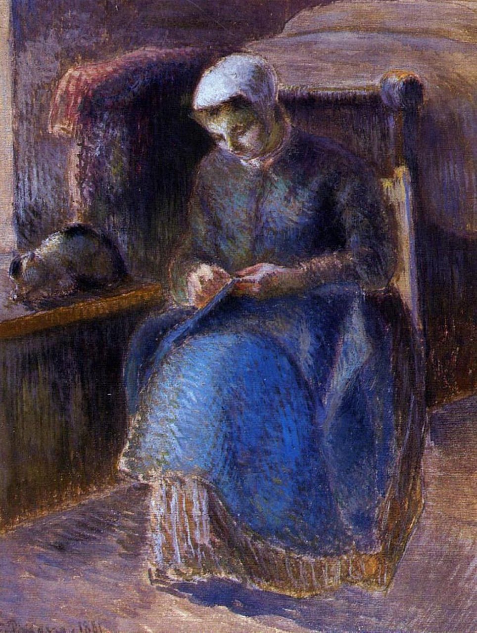 Woman Sewing (1881) - Camille Pissarro Tablo