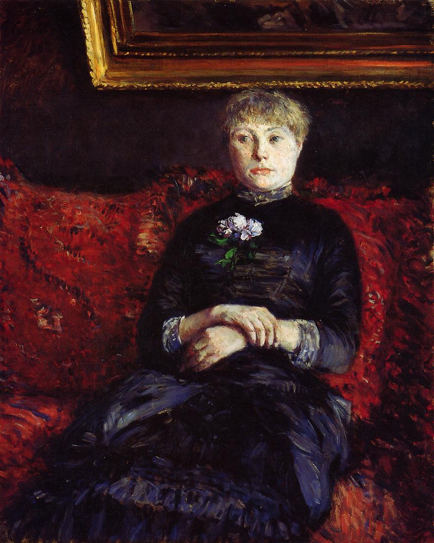 Woman Sitting on a Red Flowered Sofa (1880) - Gustave Caillebotte Tablo