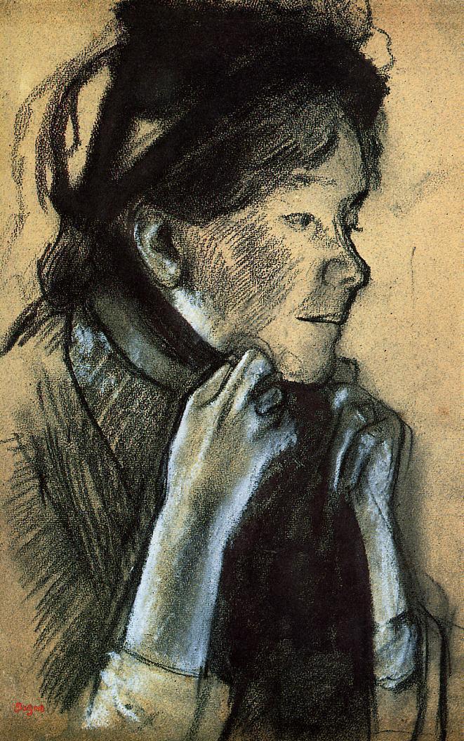 Woman Tying the Ribbons of Her Hat (1882) - Edgar Degas Tablo