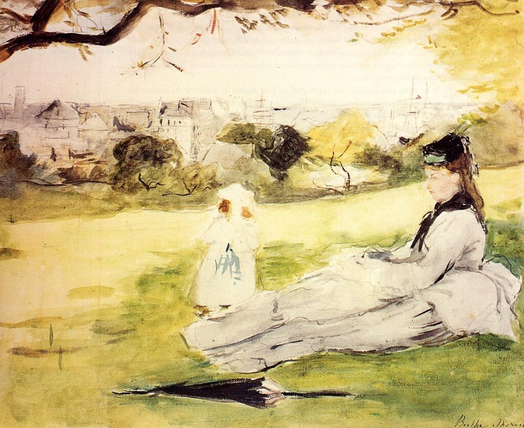 Woman and Child Seated in a Meadow (1871) - Berthe Morisot Tablo