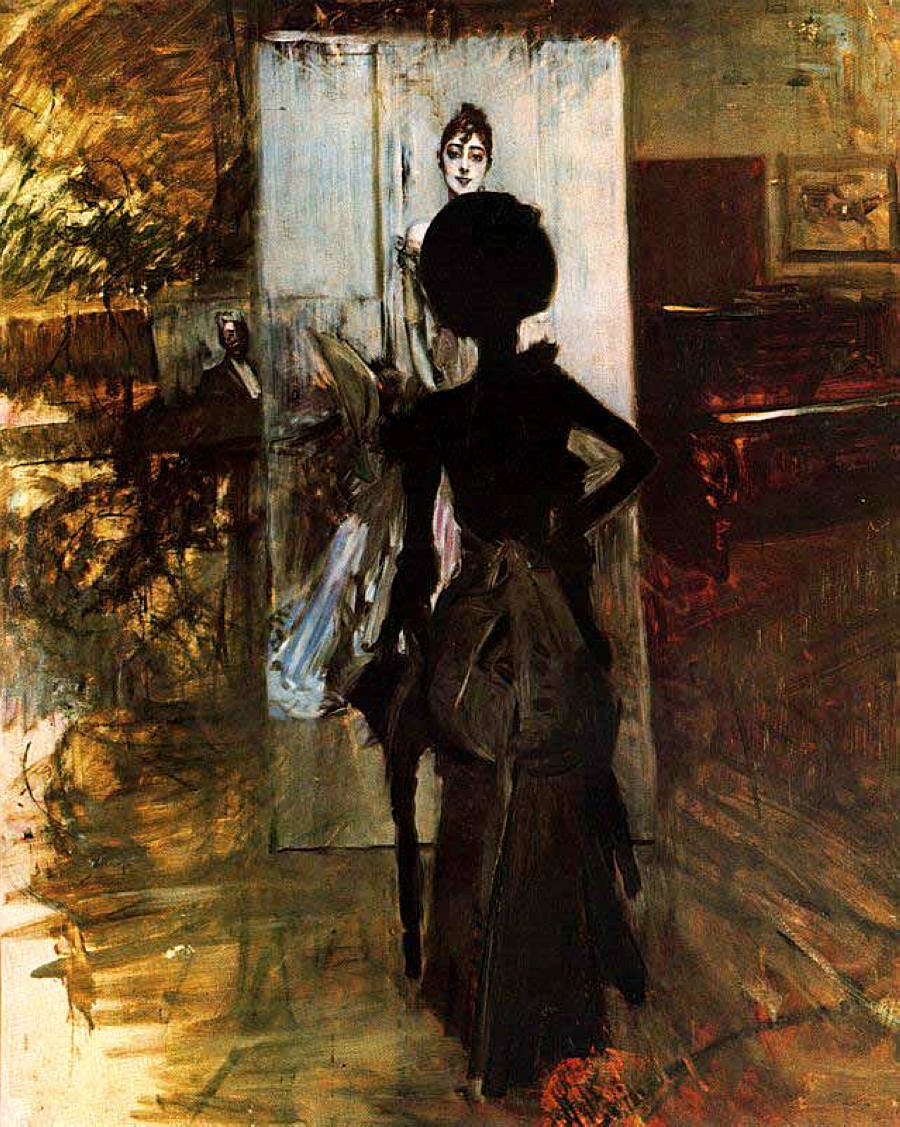 Woman in Black who Watches the Pastel of Signora Emiliana Concha de Ossa (1888) - Giovanni Boldini Tablo
