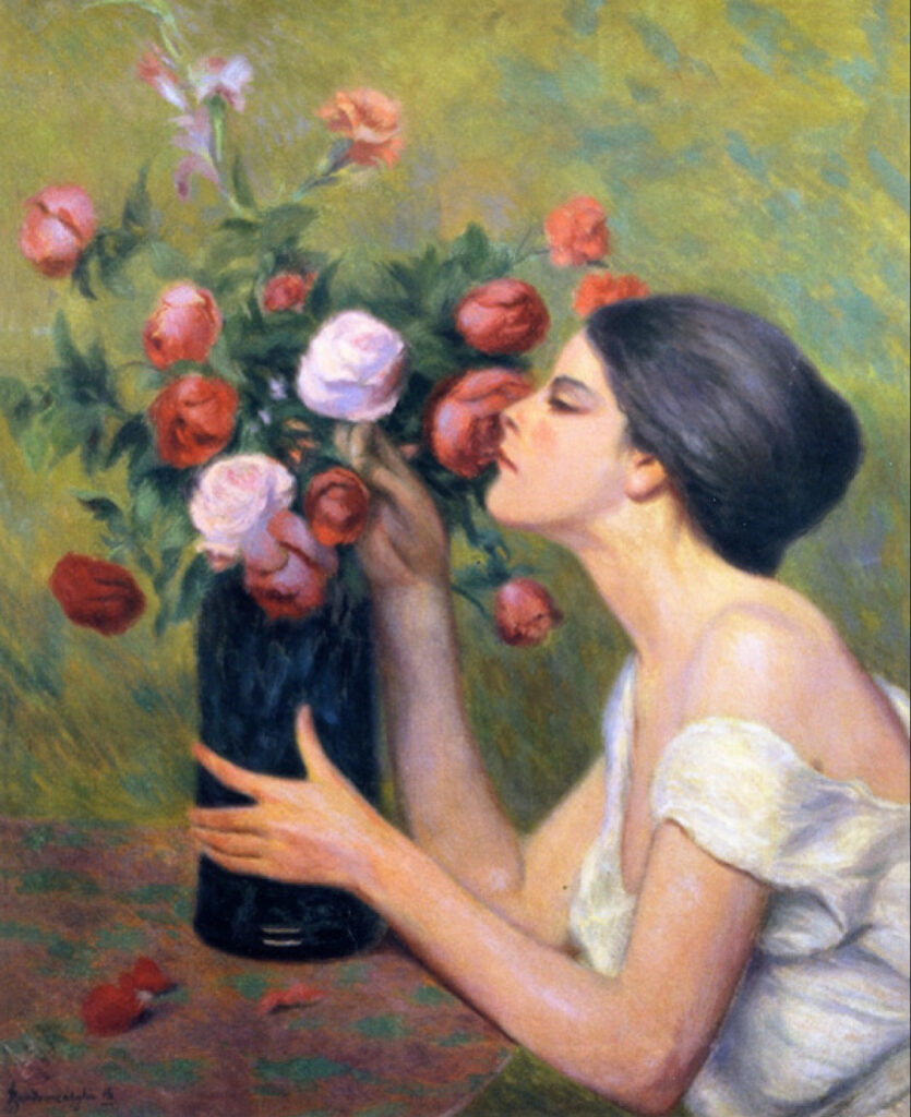 Woman with bouquet of roses (1916) - Federico Zandomeneghi Tablo