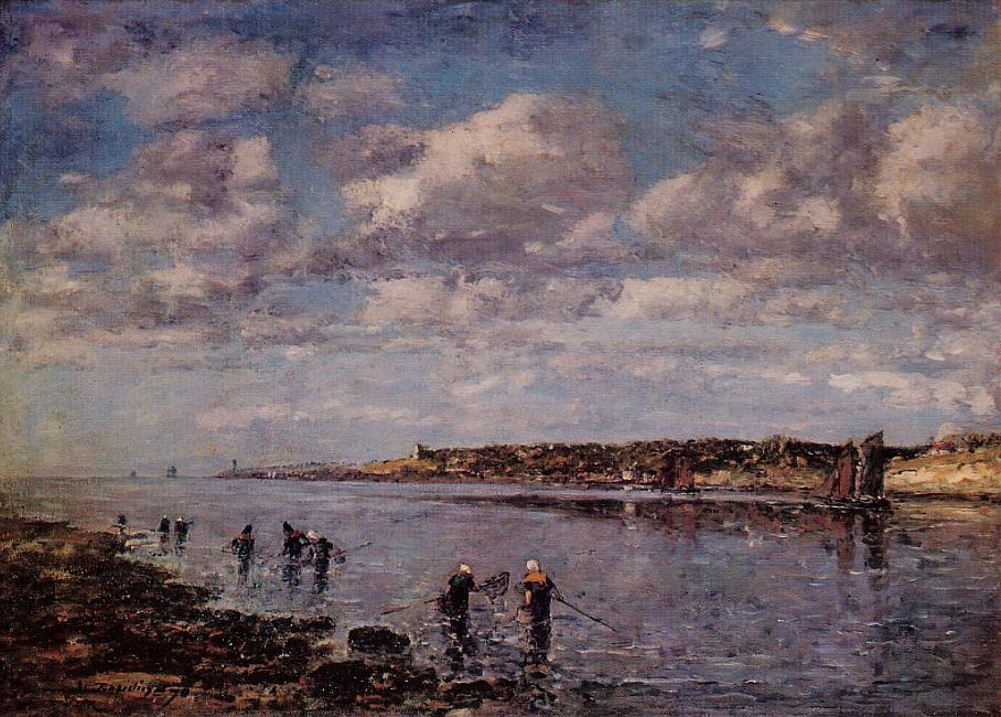 Women Fishing for Shrimp at Kerhor (1870) - Eugène Boudin Tablo