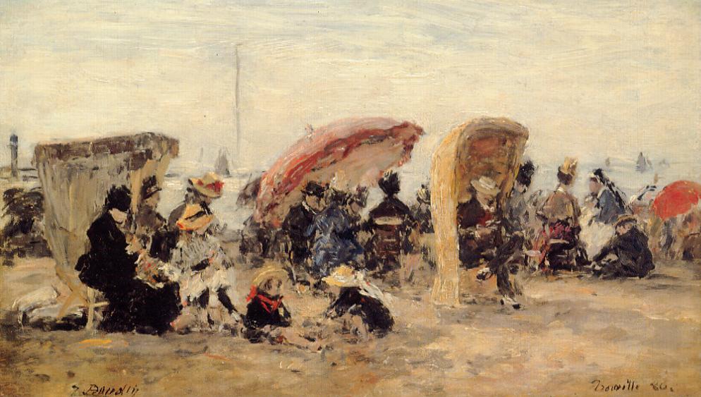 Women Fishing for Shrimp at Kerhor (1880) - Eugène Boudin Tablo