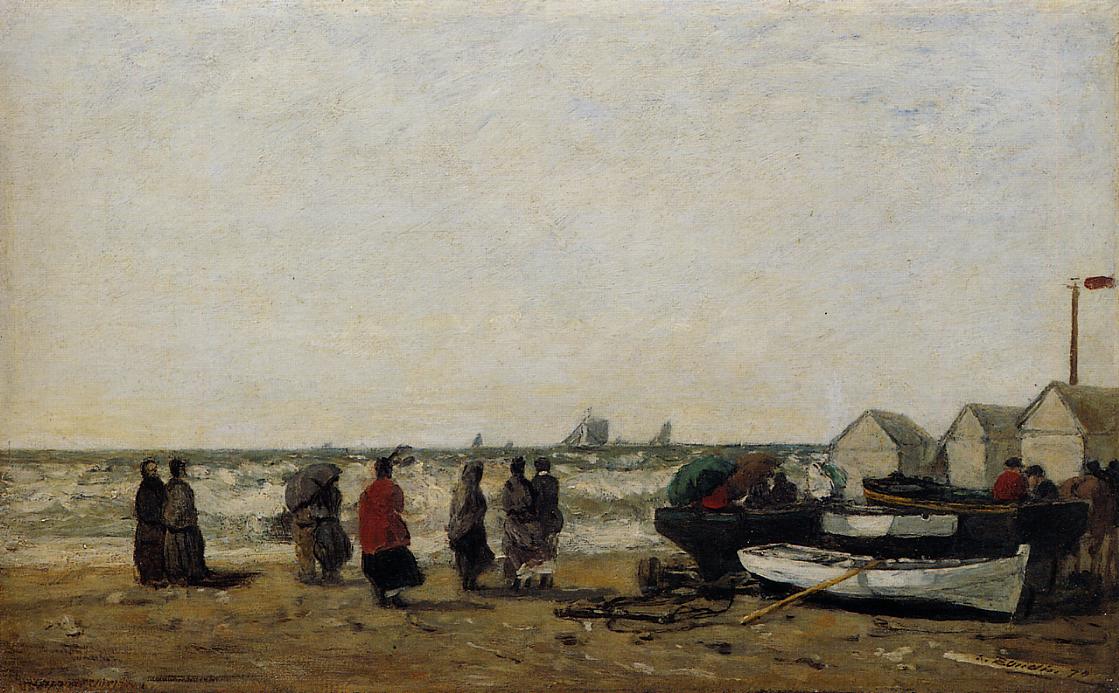 Women on the Beach, Rough Seas (1870) - Eugène Boudin Tablo