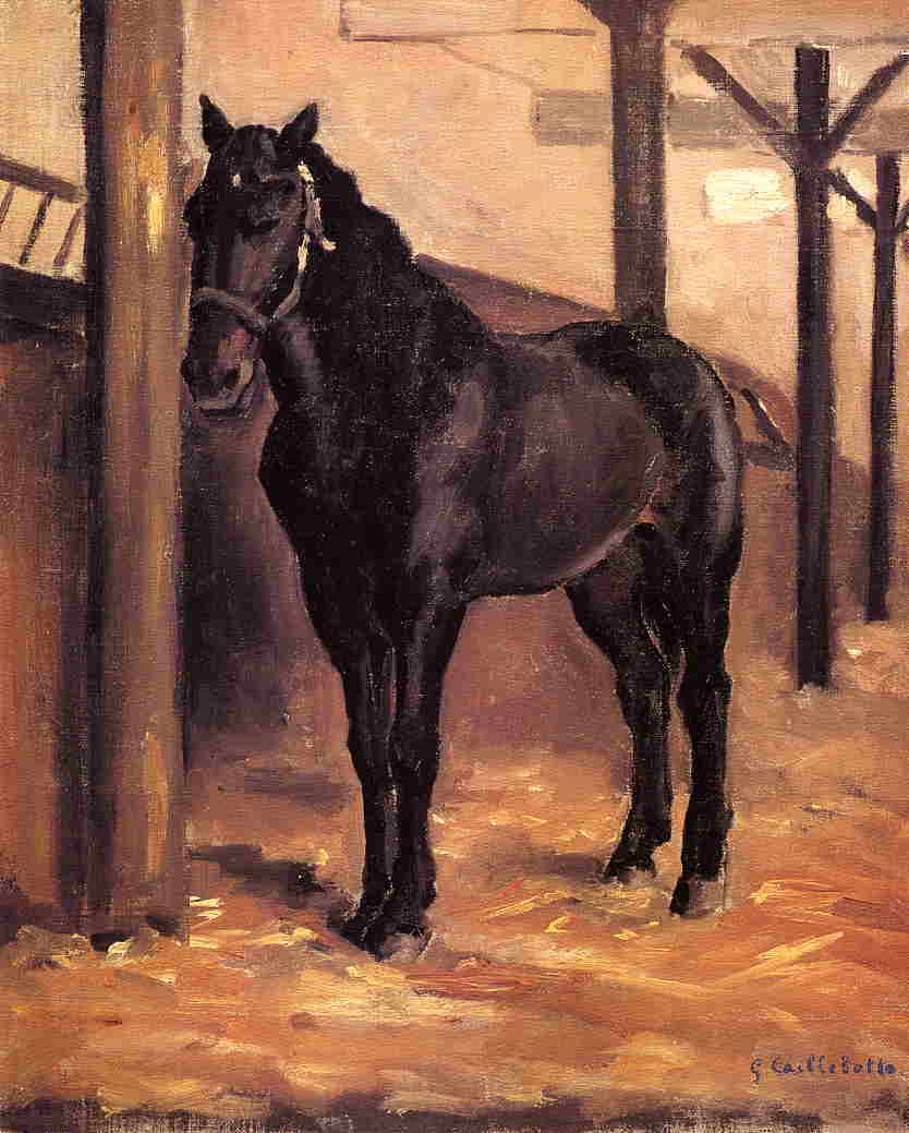 Yerres, Dark Bay Horse in the Stable (1871) - Gustave Caillebotte Tablo