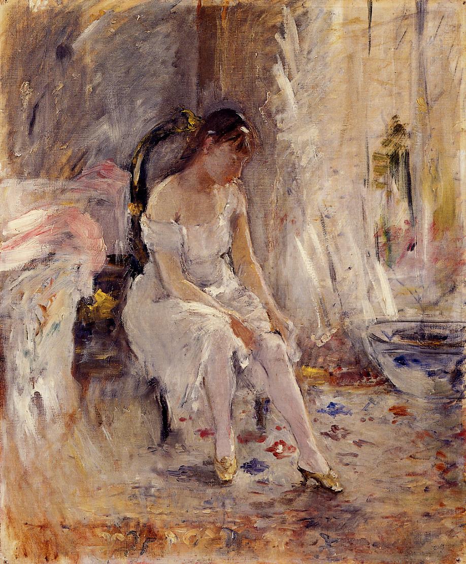 Young Girl Putting on Her Stockings - Berthe Morisot Tablo