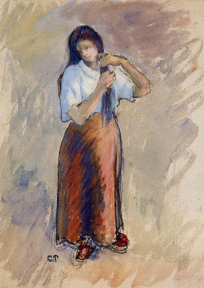 Young Woman Knotting Her Hair - Camille Pissarro Tablo