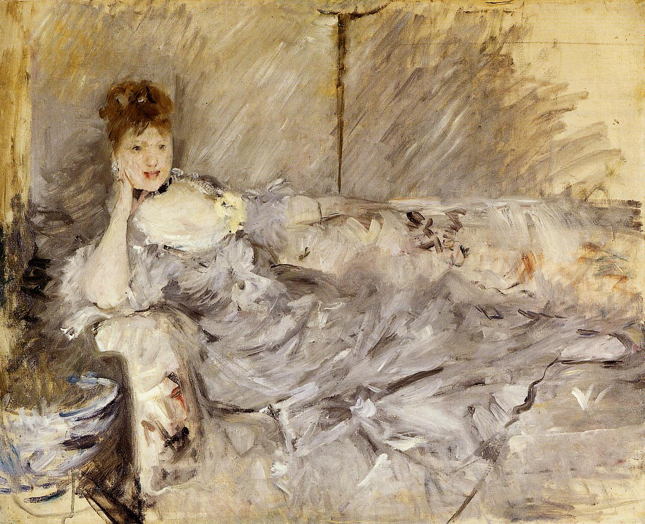 Young Woman in Grey Reclining (1879) - Berthe Morisot Tablo