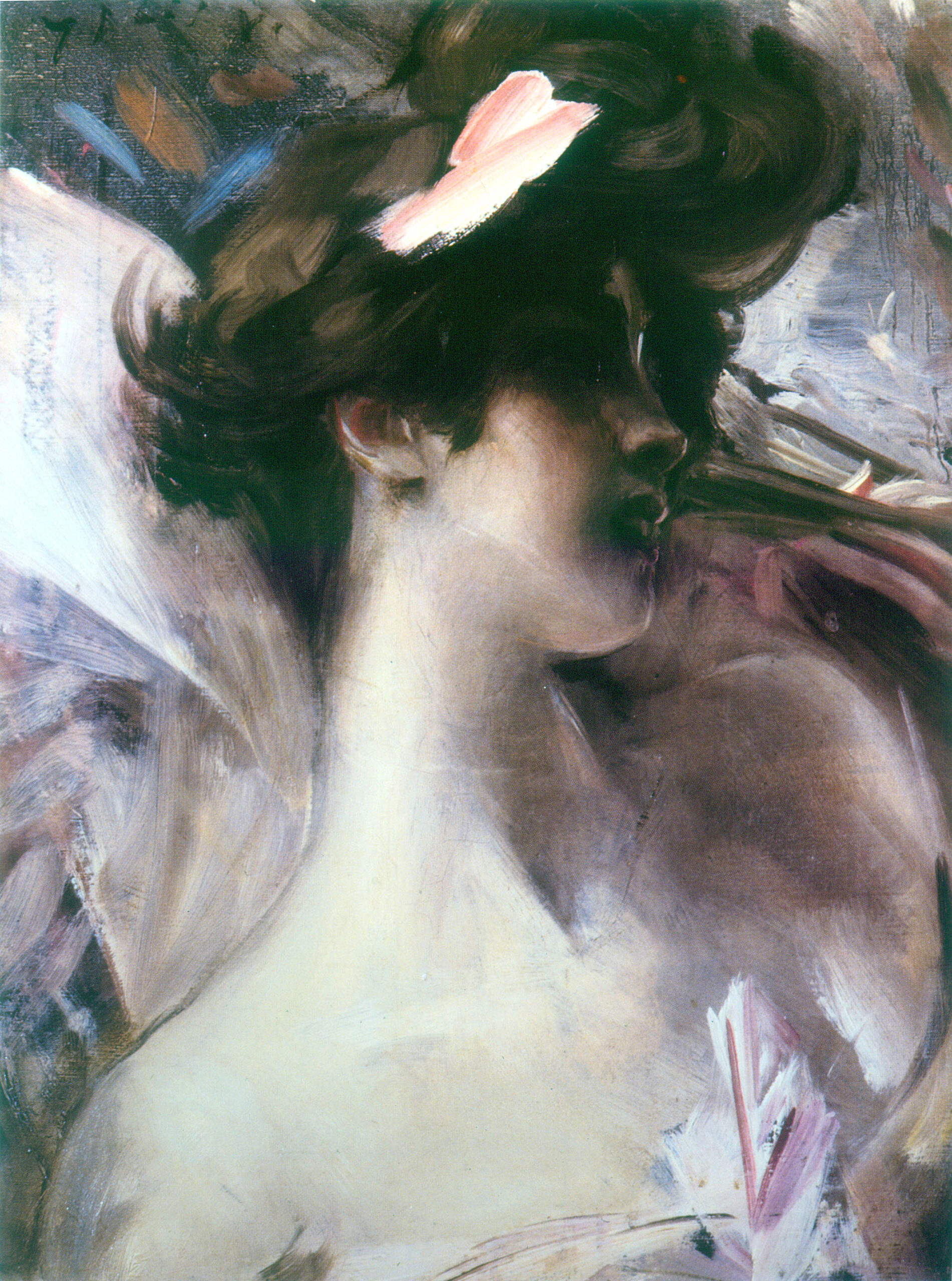 Young woman's head on a pink background (1912) - Giovanni Boldini Tablo