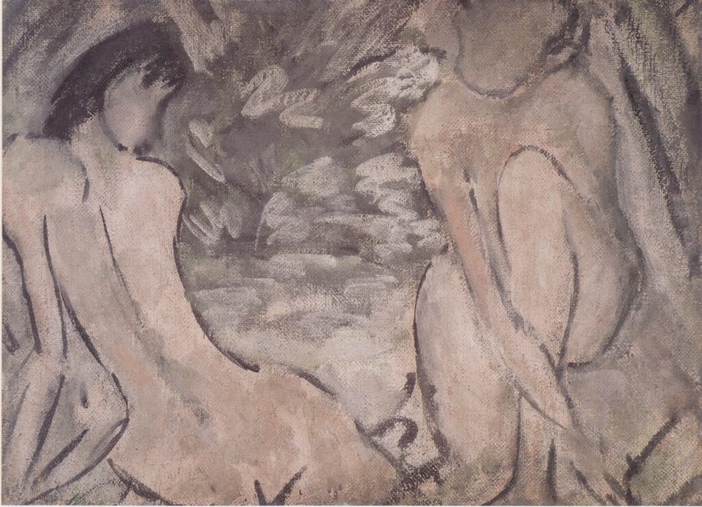 Zwei Am Teichrand Sitzende Mädchenakte (1924) - Otto Mueller Tablo