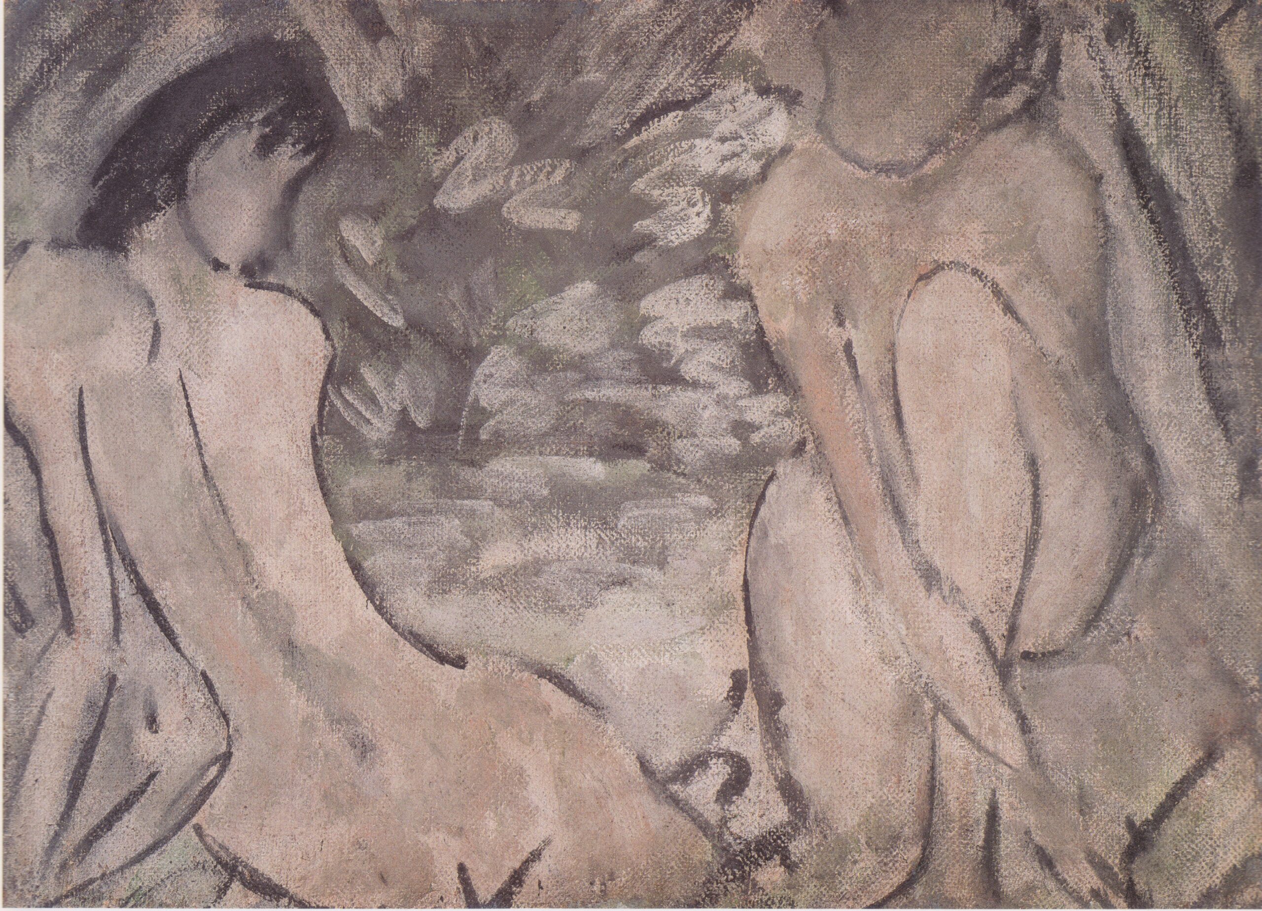 Zwei Am Teichrand Sitzende Mädchenakte (1924) - Otto Mueller Tablo
