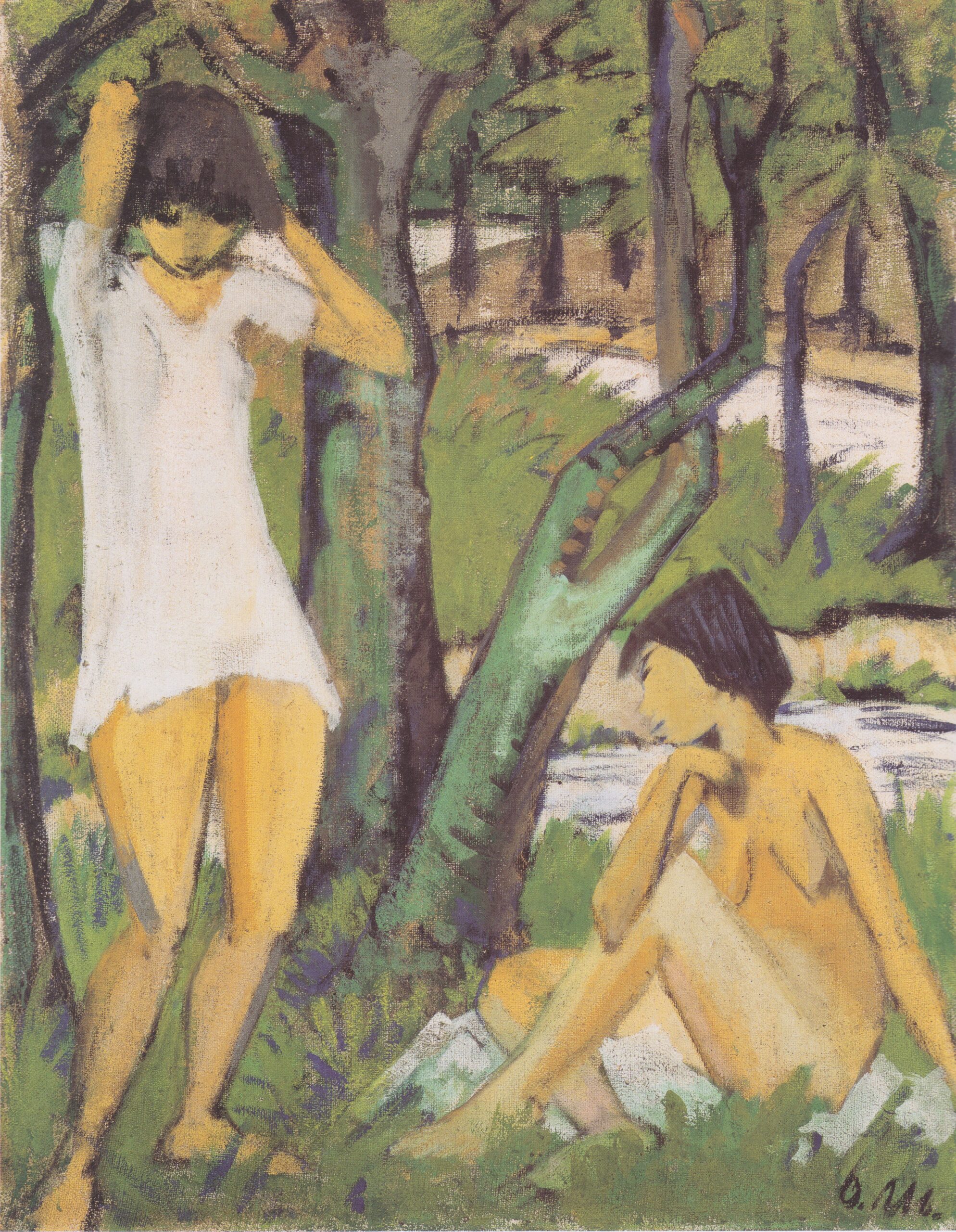 Zwei Badende Mädchen (mädchen Im Hemd) (1925) - Otto Mueller Tablo