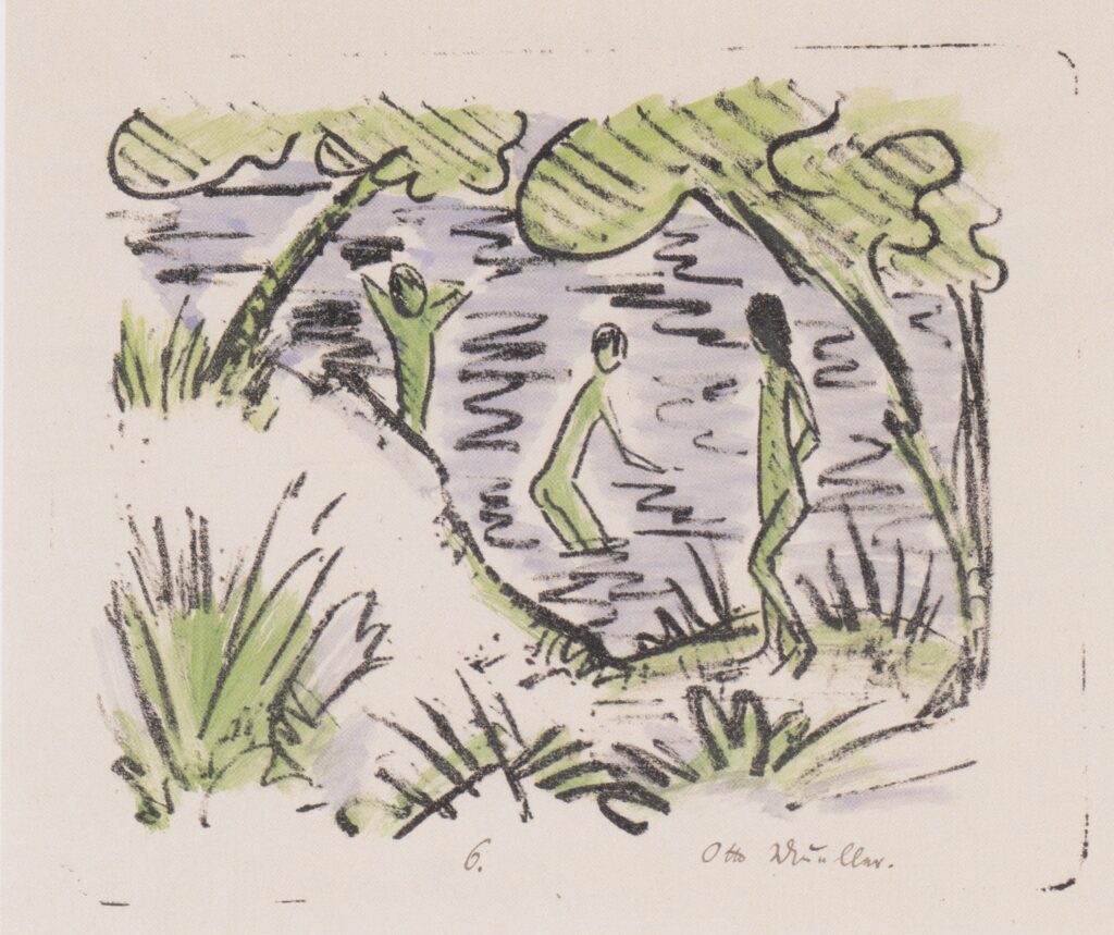 Zwei Knaben Im Wasser Und Ein Mädchen Am Ufer (1918) - Otto Mueller Tablo