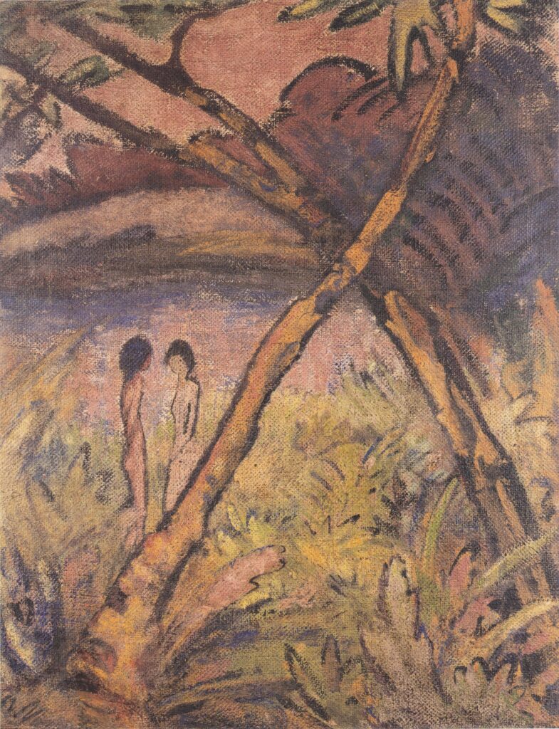 Zwei Mädchenakte Und Gekreuzte Stämme Am Waldteich (1920) - Otto Mueller Tablo