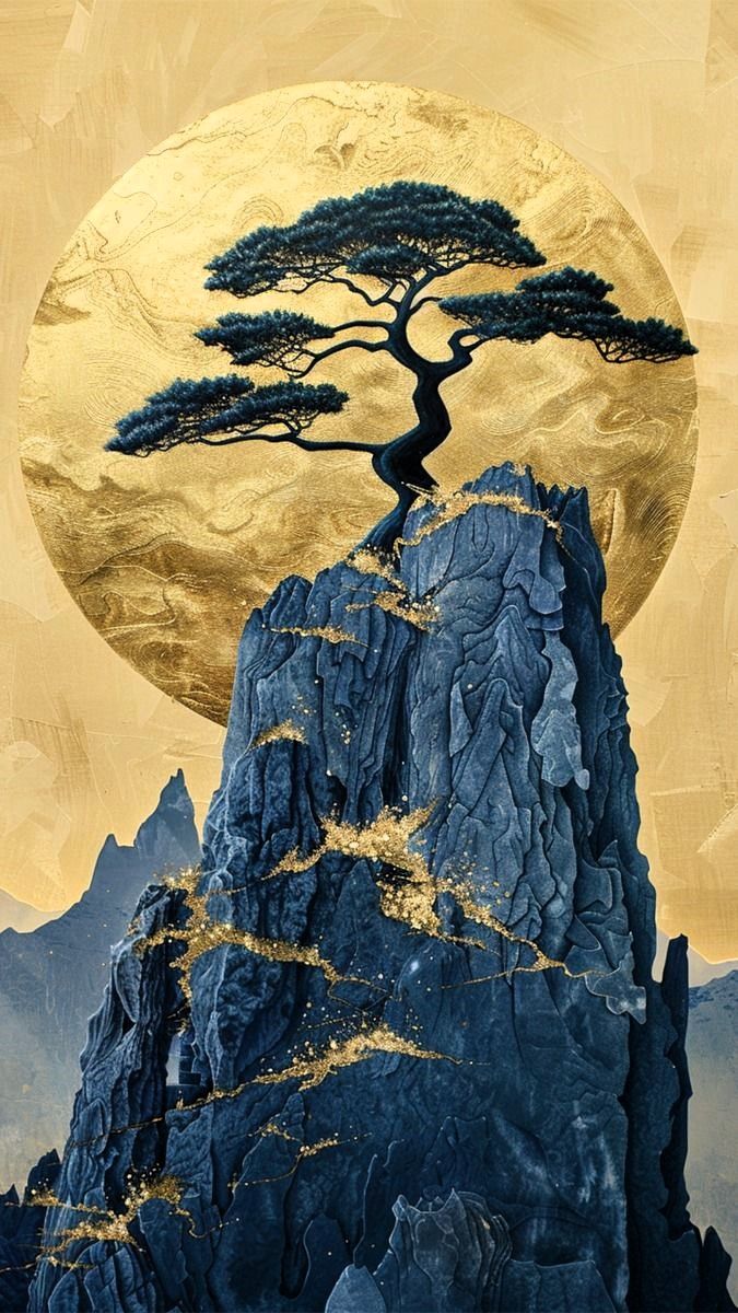 Altın Ay Önünde Kaya Üzerinde Bonsai Tablo