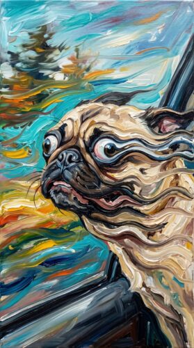 Araba Penceresinden Bakan Pug Köpeği Tablo
