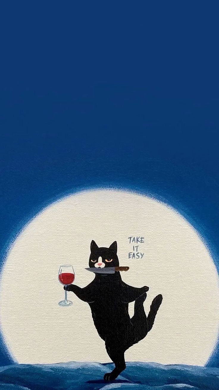 Aya Karşı Şarap Tutan Kedi Tablo