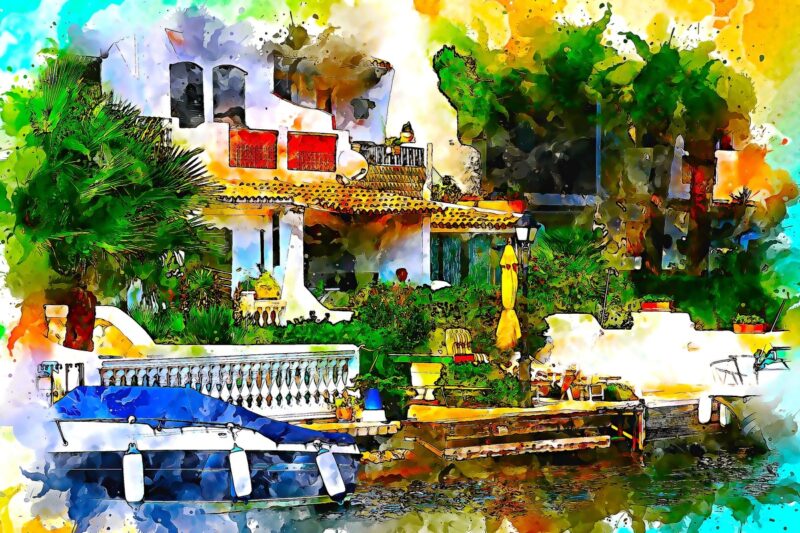 Çiçekli Akdeniz Evi Tablo - kanvas ve cam tablo | Dekolata
