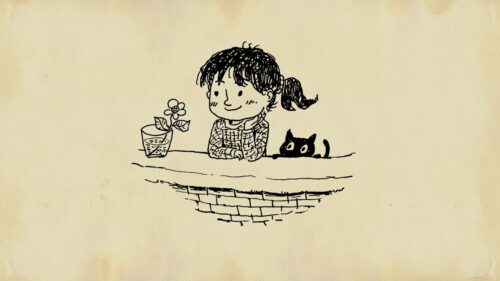 Çiçekli Kız ve Siyah Kedi Çizimi Tablo
