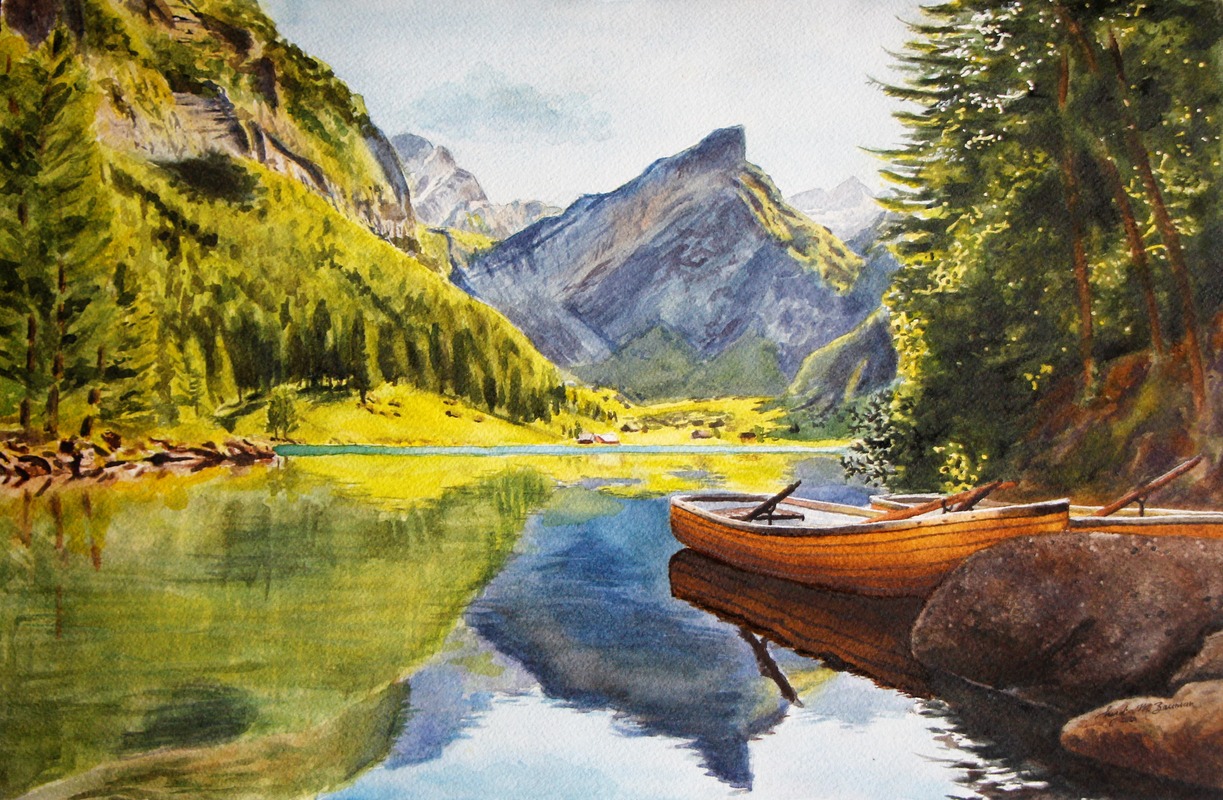 Dağ Gölü ve Ahşap Kayıklar Tablo