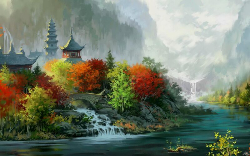 Doğu Temalı Pagoda ve Nehir Manzarası Tablo - kanvas ve cam tablo | Dekolata