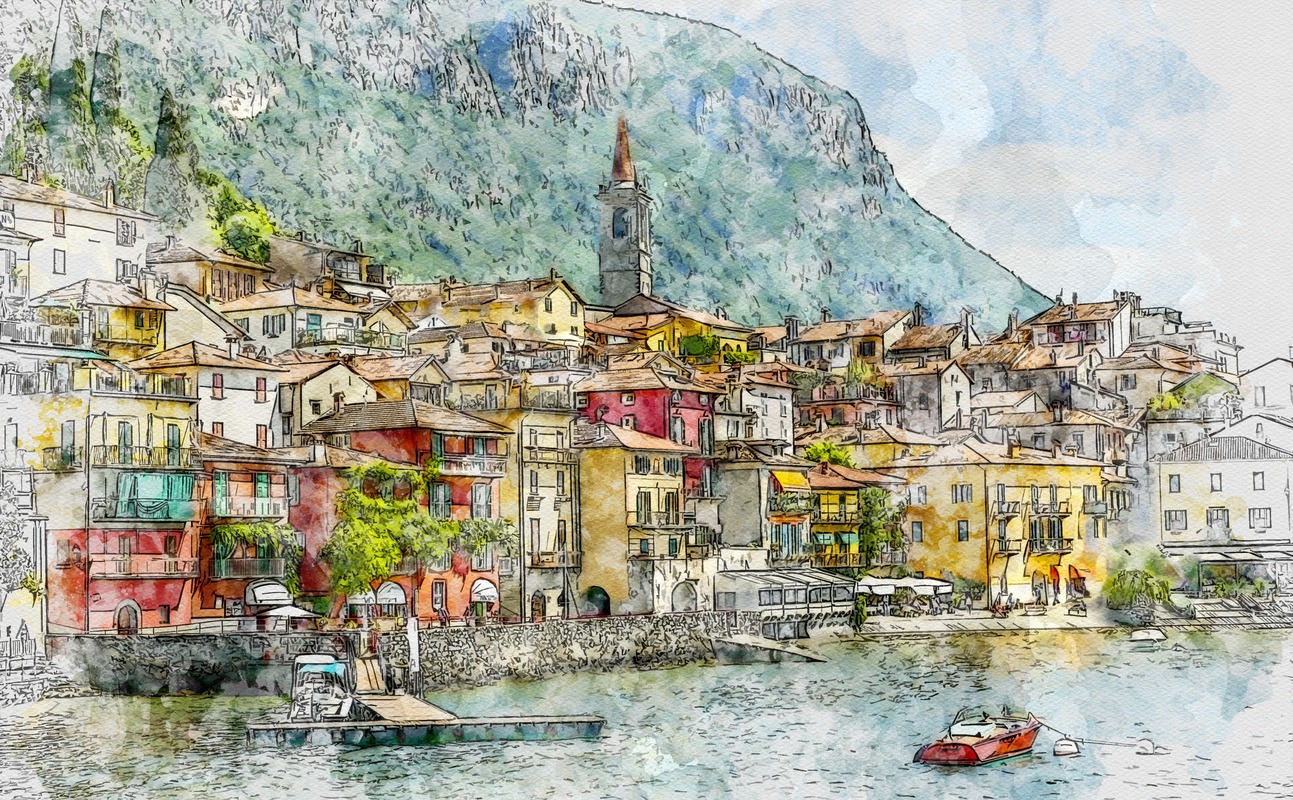 Göl Kıyısında Renkli Kasaba Tablo