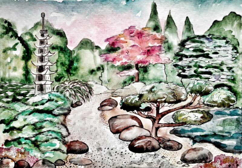 Japon Bahçesi Suluboya Tablo - kanvas ve cam tablo | Dekolata