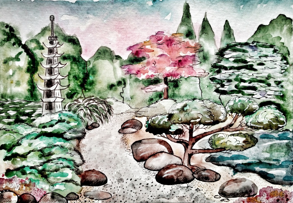 Japon Bahçesi Suluboya Tablo