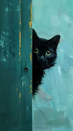 Kapının Ardından Bakan Siyah Kedi Tablo