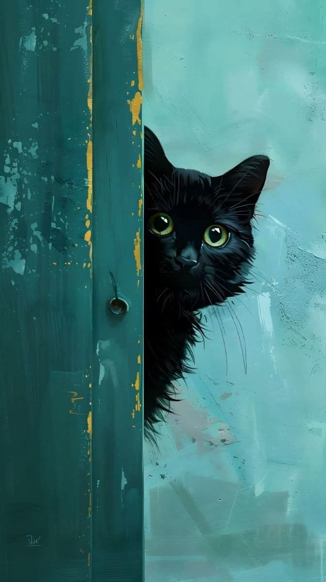 Kapının Ardından Bakan Siyah Kedi Tablo