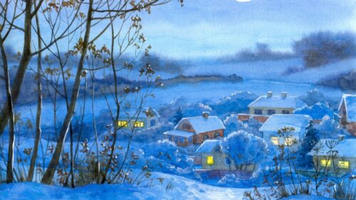 Karlı Köy Gece Manzarası Tablo