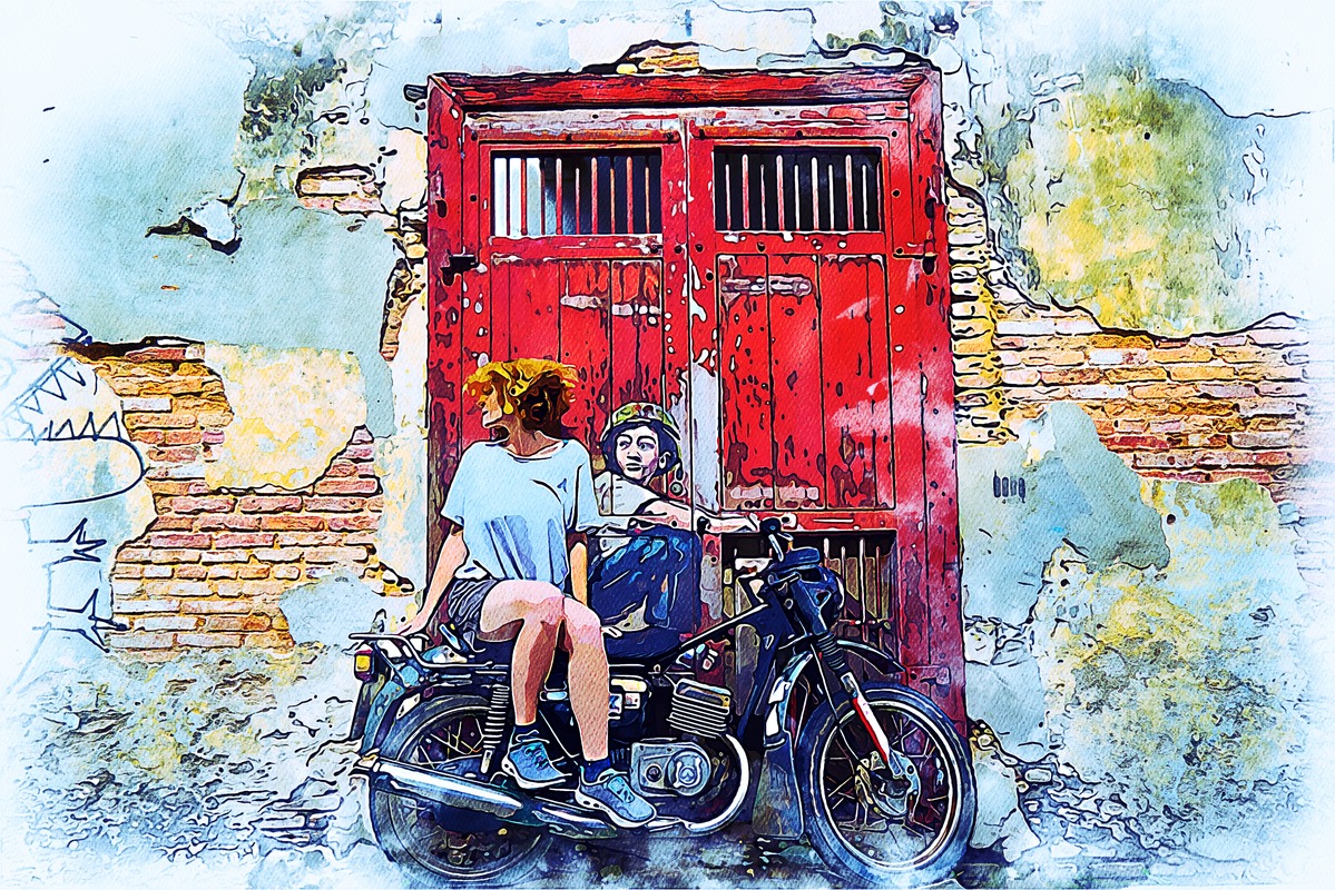 Kırmızı Kapı Önünde Motosiklet Tablo