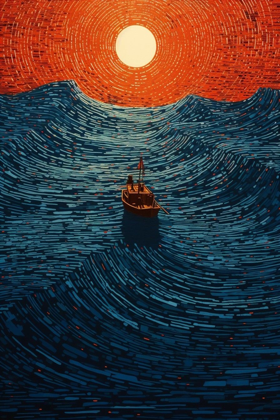 Kızıl Gökyüzü Altında Dalgalı Deniz ve Tekne Tablo