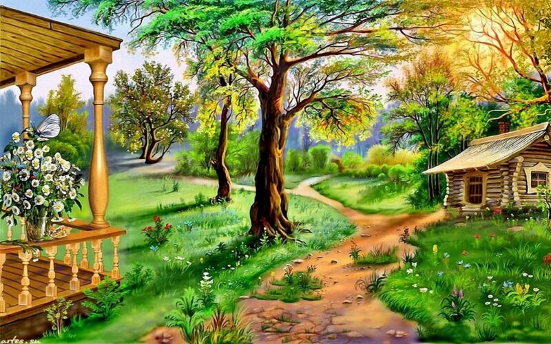 Köy Evi ve Yeşil Yol Tablo - kanvas ve cam tablo | Dekolata