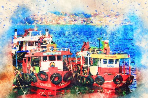 Limandaki Kırmızı Römorkörler Tablo