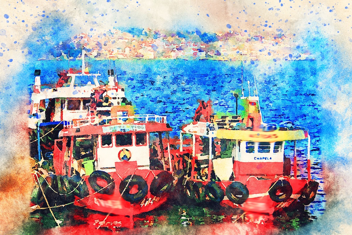 Limandaki Kırmızı Römorkörler Tablo