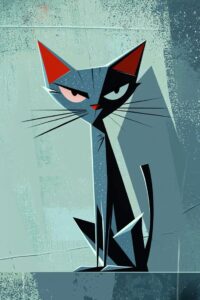 Mavi Zeminde Geometrik Kedi Tablosu