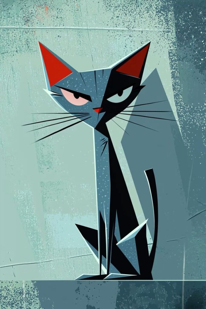 Mavi Zeminde Geometrik Kedi Tablo