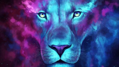 Neon Mavi Mor Aslan Portresi Tablo