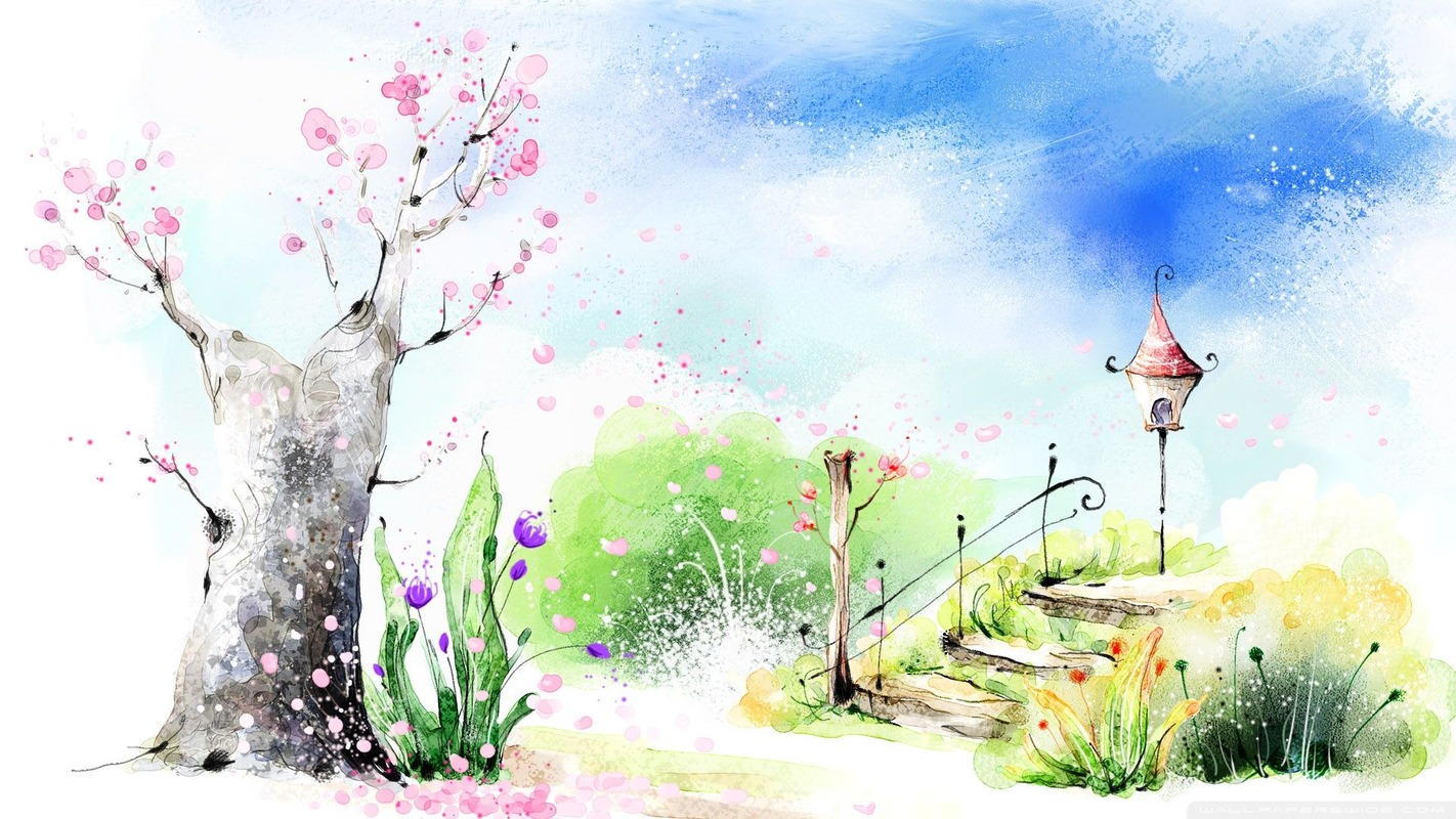Pastel Çiçekli Ağaç Bahçe Yolu Tablo