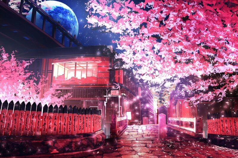 Pembe Ağaçlı Gece Evi Tablo - kanvas ve cam tablo | Dekolata
