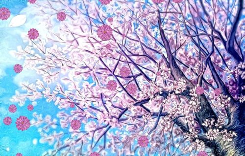 Pembe Çiçekli Ağaç Dalları Tablo