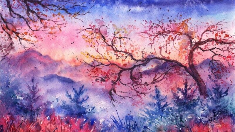 Pembe Mor Tonlarda Ağaç ve Dağ Tablo - kanvas ve cam tablo | Dekolata
