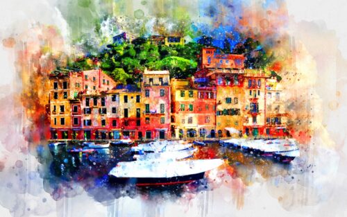 Portofino Tarzı Renkli Liman Tablo
