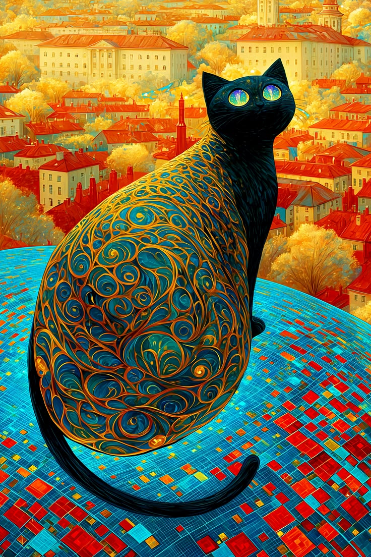 Renkli Mozaik Şehirde Kedi Tablo