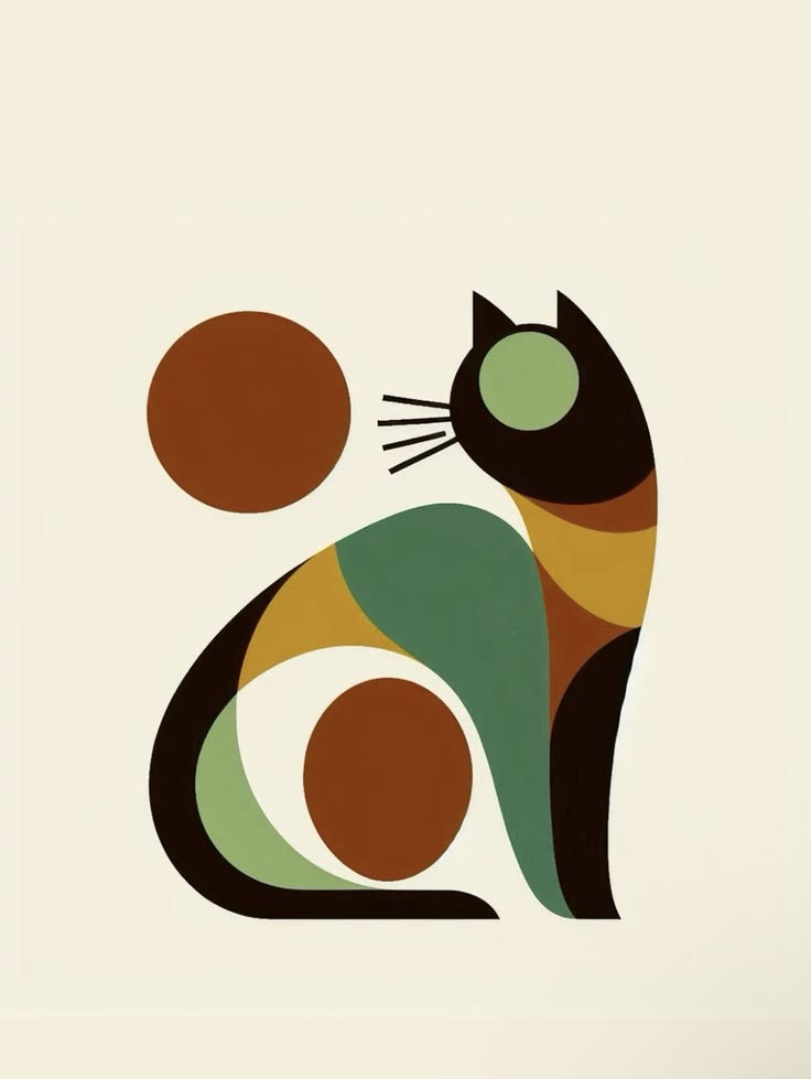 Yeşil Kahve Geometrik Kedi Tablo